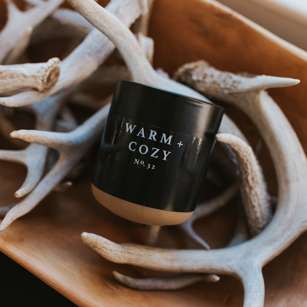 Warm and Cozy Soy Candle - Black Stoneware Jar - 12 oz - Currency Coffee Co