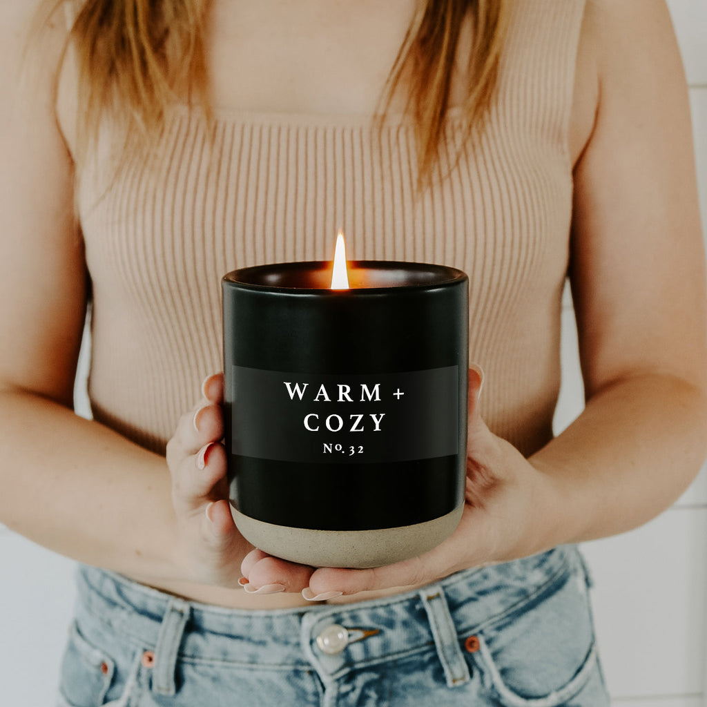 Warm and Cozy Soy Candle - Black Stoneware Jar - 12 oz - Currency Coffee Co