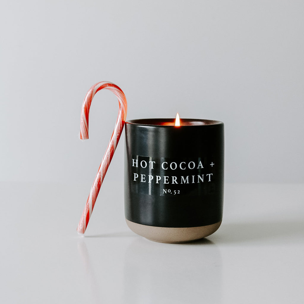 Hot Cocoa and Peppermint Soy Candle - Black Stoneware Jar - 12 oz - Currency Coffee Co